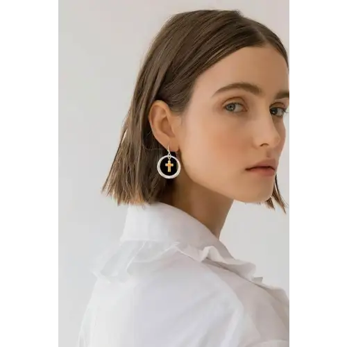 Elegant Brass Contrast Cross Dangle Earrings Silver One Size