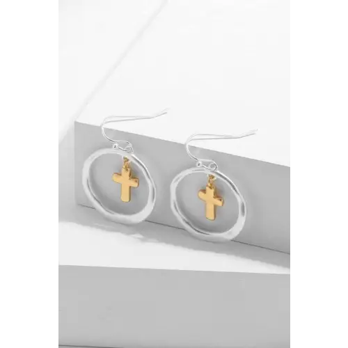 Elegant Brass Contrast Cross Dangle Earrings