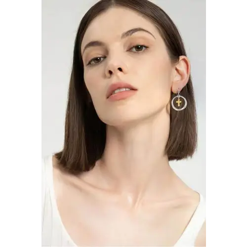 Elegant Brass Contrast Cross Dangle Earrings