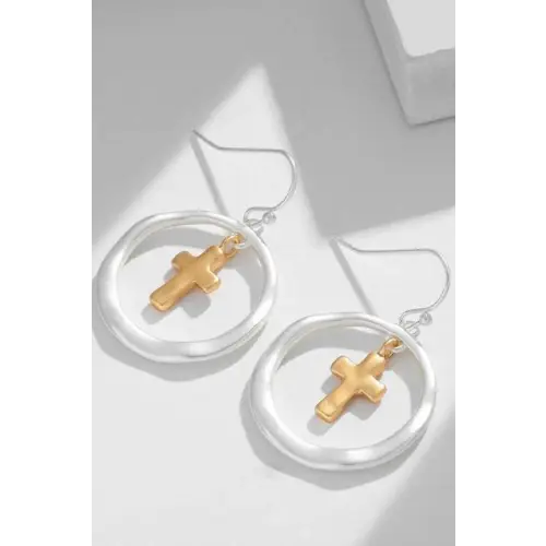 Elegant Brass Contrast Cross Dangle Earrings