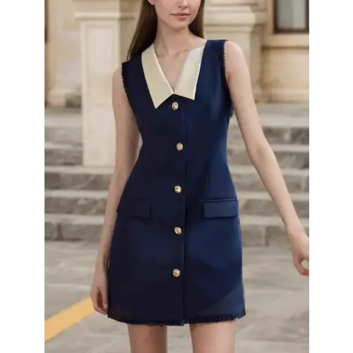 Buttoned Stretch Comfort Blouse for Women - Slightly Stretchy, Chic Style for Everyday Wear Dark Blue