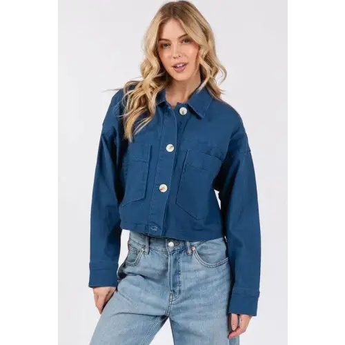 Button Cropped Denim Jacket Peacock Blue
