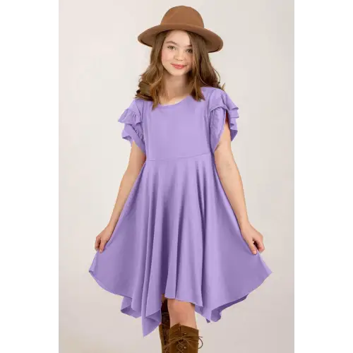 Charming Girl's Petal Sleeve Dress with Ruffles and Hat Lavender