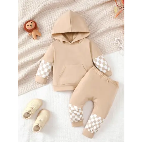 Cozy Checkered Sweatshirt & Pants Set Tan