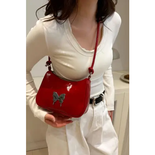 Chic Black Patent Leather Butterfly PU Leather Knotted Strap Shoulder Bag