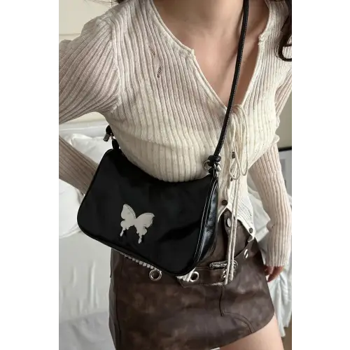 Chic Black Patent Leather Butterfly PU Leather Knotted Strap Shoulder Bag