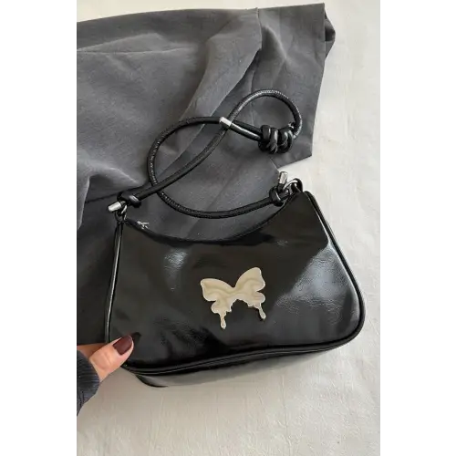 Chic Black Patent Leather Butterfly PU Leather Knotted Strap Shoulder Bag