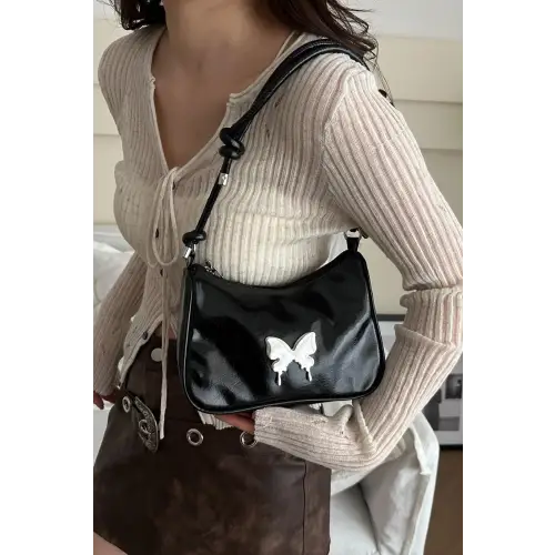 Chic Black Patent Leather Butterfly PU Leather Knotted Strap Shoulder Bag