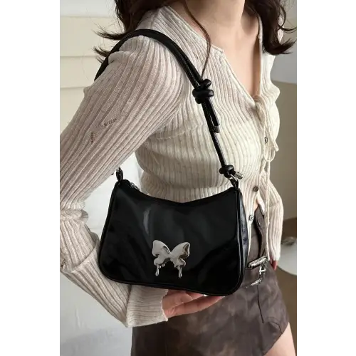 Chic Black Patent Leather Butterfly PU Leather Knotted Strap Shoulder Bag