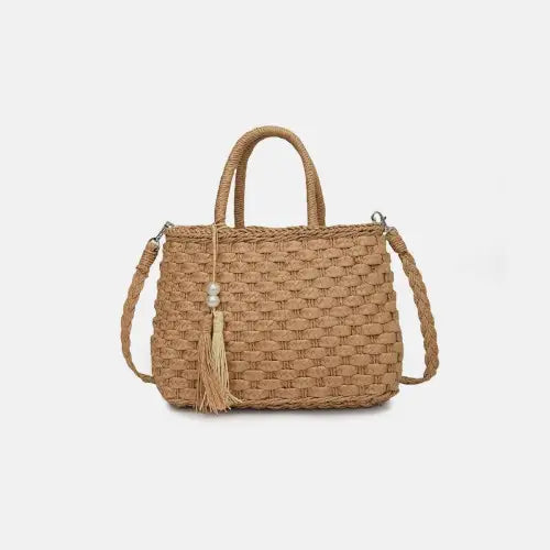 Chic Braided Strap Paper Weave Shoulder Bag Camel One Size