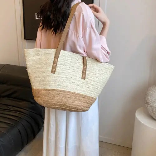 Chic Contrast Straw Braided Handbag for Summer Adventures Beige One Size