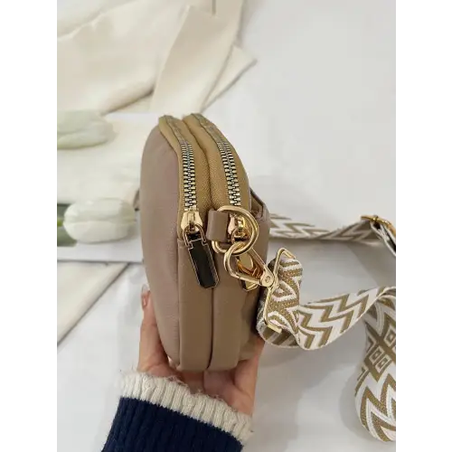 Chic Cream Leather Single Strap Crossbody Bag with Patterned Strap