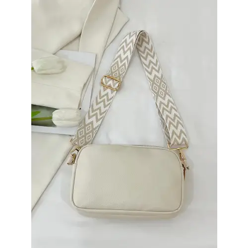 Chic Cream Leather Single Strap Crossbody Bag with Patterned Strap