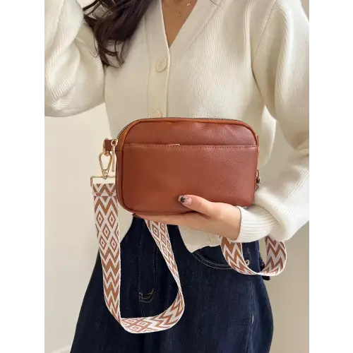 Chic Cream Leather Single Strap Crossbody Bag with Patterned Strap