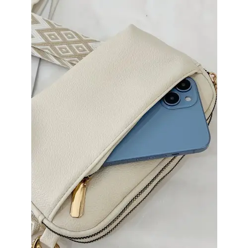 Chic Cream Leather Single Strap Crossbody Bag with Patterned Strap