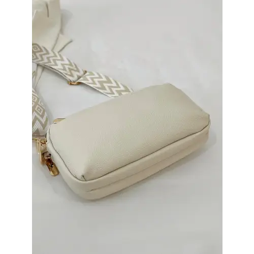 Chic Cream Leather Single Strap Crossbody Bag with Patterned Strap