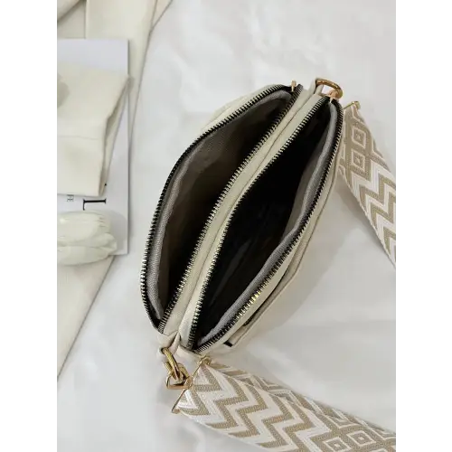 Chic Cream Leather Single Strap Crossbody Bag with Patterned Strap