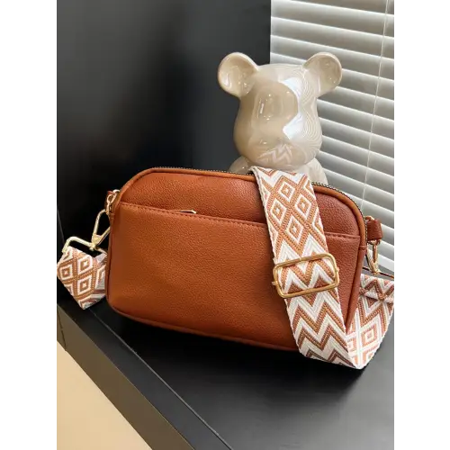 Chic Cream Leather Single Strap Crossbody Bag with Patterned Strap