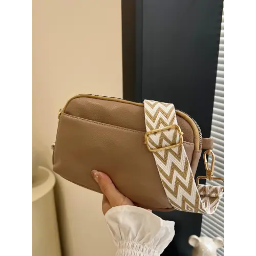 Chic Cream Leather Single Strap Crossbody Bag with Patterned Strap
