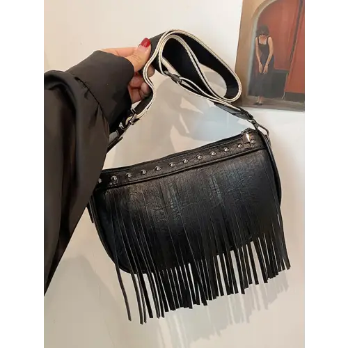 Chic Leather Fringe Studded Crossbody Bag for Stylish Adventures