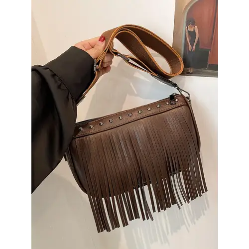 Chic Leather Fringe Studded Crossbody Bag for Stylish Adventures