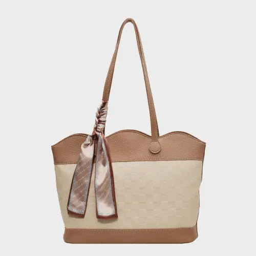 Chic Leather Tied Contrast Tote Bag with Elegant Scarf Accent Camel One Size