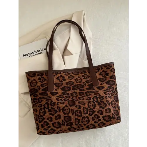 Chic Leopard Polyester Tote Bag with Stylish Brown Straps