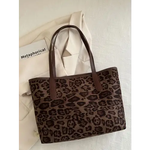 Chic Leopard Polyester Tote Bag with Stylish Brown Straps