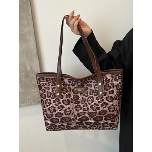 Chic Leopard Polyester Tote Bag with Stylish Brown Straps