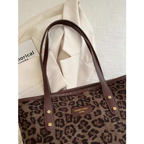 Chic Leopard Polyester Tote Bag with Stylish Brown Straps