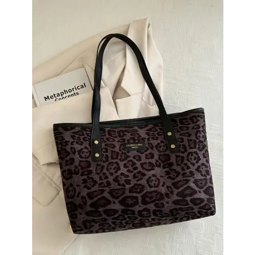 Chic Leopard Polyester Tote Bag with Stylish Brown Straps
