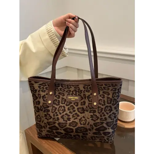Chic Leopard Polyester Tote Bag with Stylish Brown Straps
