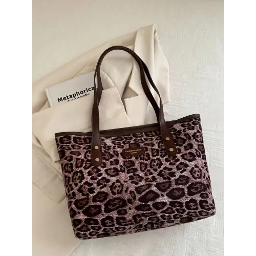Chic Leopard Polyester Tote Bag with Stylish Brown Straps