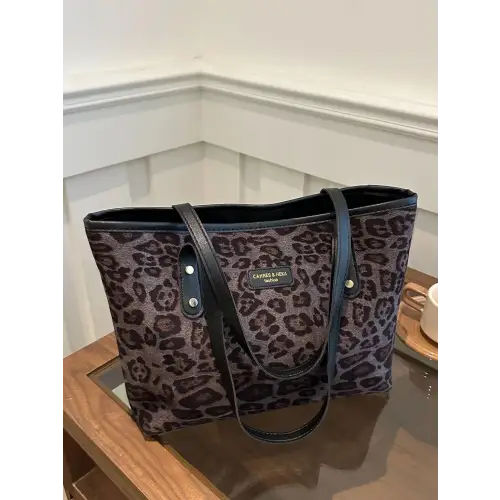 Chic Leopard Polyester Tote Bag with Stylish Brown Straps