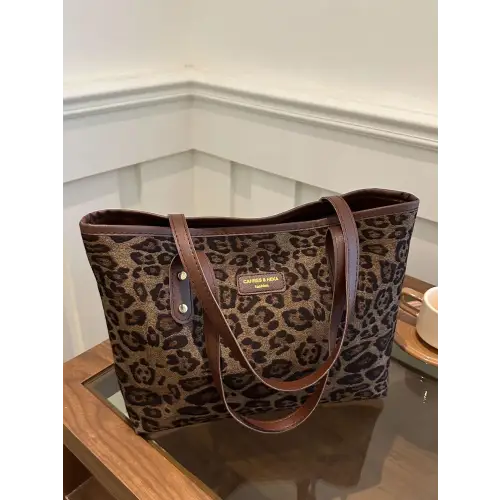 Chic Leopard Polyester Tote Bag with Stylish Brown Straps