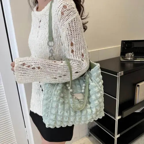 Chic Mint Bubble Textured Tote Bag with Pearl Accents
