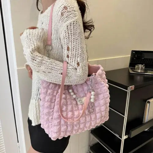 Chic Mint Bubble Textured Tote Bag with Pearl Accents