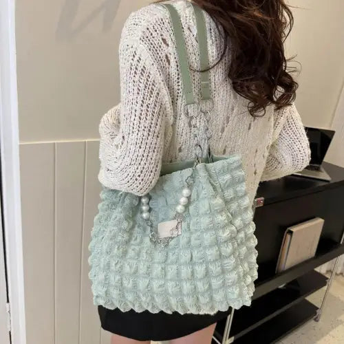 Chic Mint Bubble Textured Tote Bag with Pearl Accents
