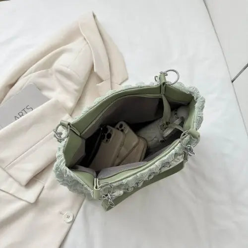 Chic Mint Bubble Textured Tote Bag with Pearl Accents