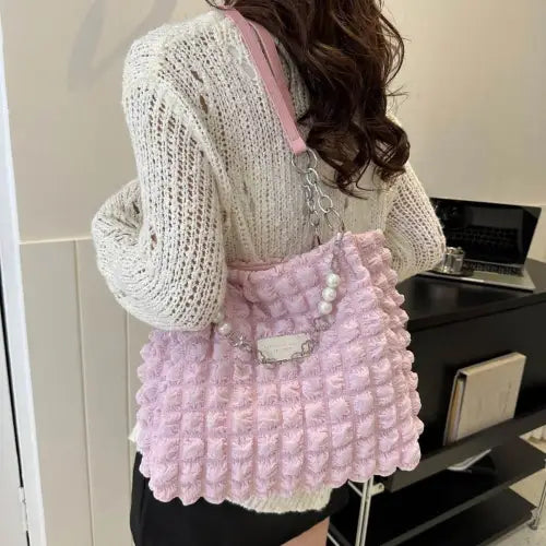Chic Mint Bubble Textured Tote Bag with Pearl Accents