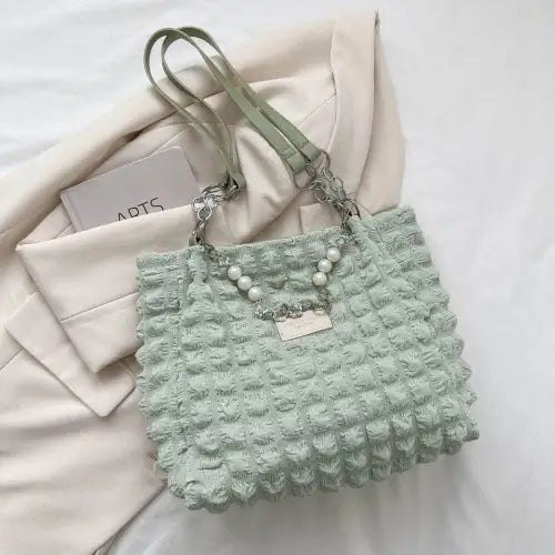 Chic Mint Bubble Textured Tote Bag with Pearl Accents Light Green One Size