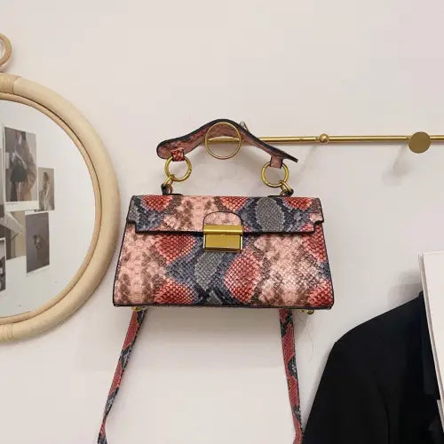 Chic Snakeskin Print Crossbody Bag with Gold Accents Dusty Pink One Size