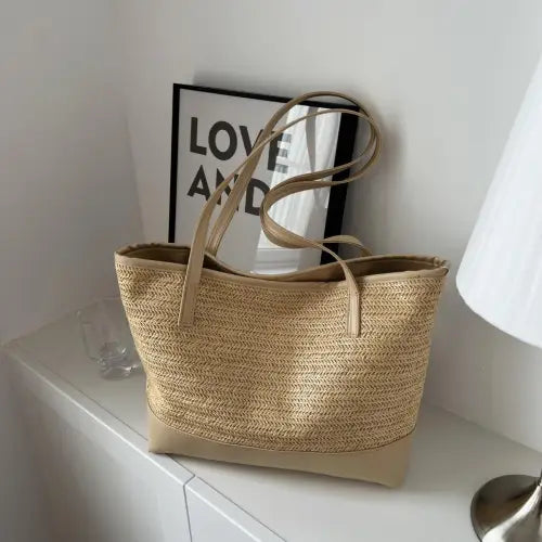 Chic Straw Weave Leather Strap Tote bag