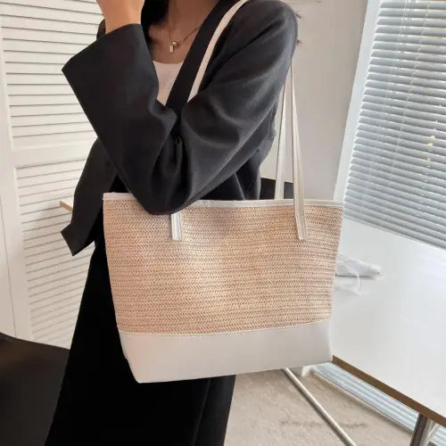 Chic Straw Weave Leather Strap Tote bag