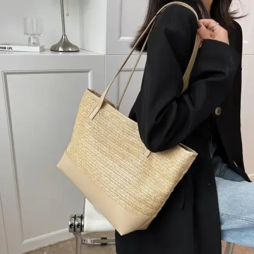 Chic Straw Weave Leather Strap Tote bag