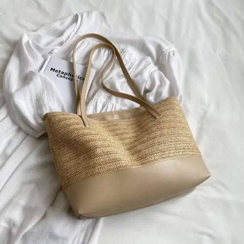Chic Straw Weave Leather Strap Tote bag