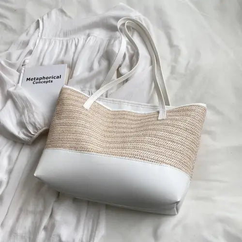 Chic Straw Weave Leather Strap Tote bag White One Size