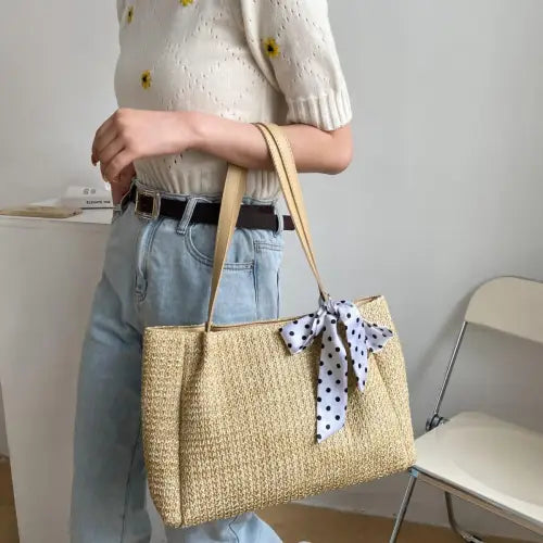 Chic Straw Woven Leather Strap Handbag with Polka Dot Charm Tan One Size