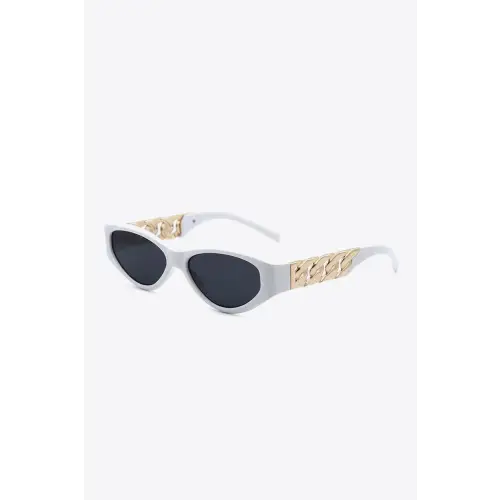 Chic Temple Cat Eye Sunglasses with Gold Chain Detail White One Size