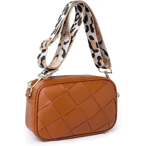 Chic Cassette Woven Crossbody Bag with Leopard Print Strap